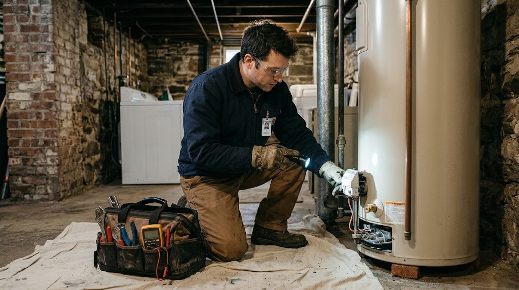 Residential gas water heater repair and temperature control valve inspection in Laurelton